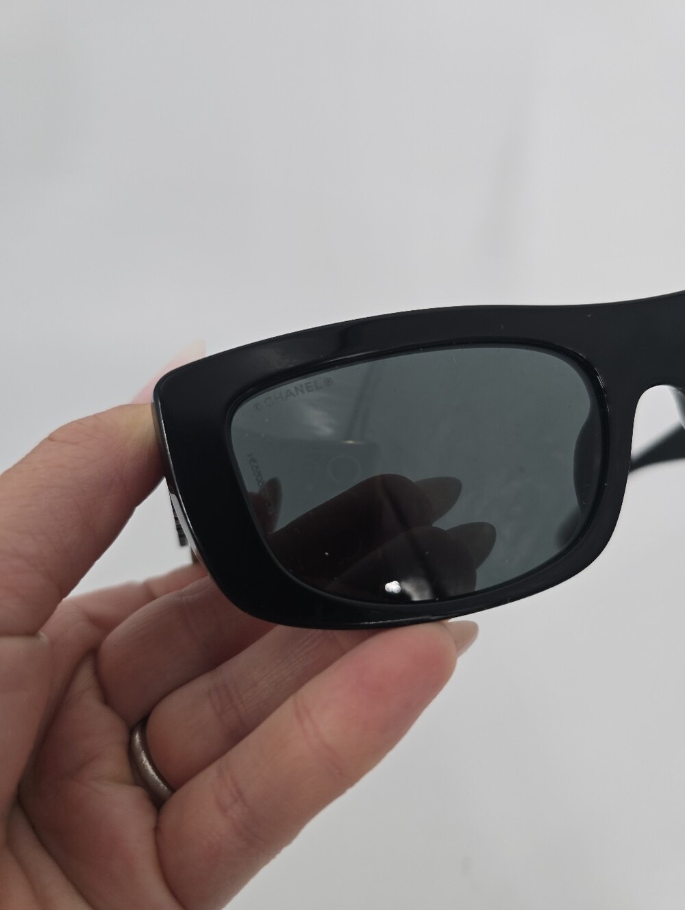 Chanel Black Acetate Rectangle Women's Sunglasses 5559 c.622/S4 Spellout Logo - Picture 8 of 10